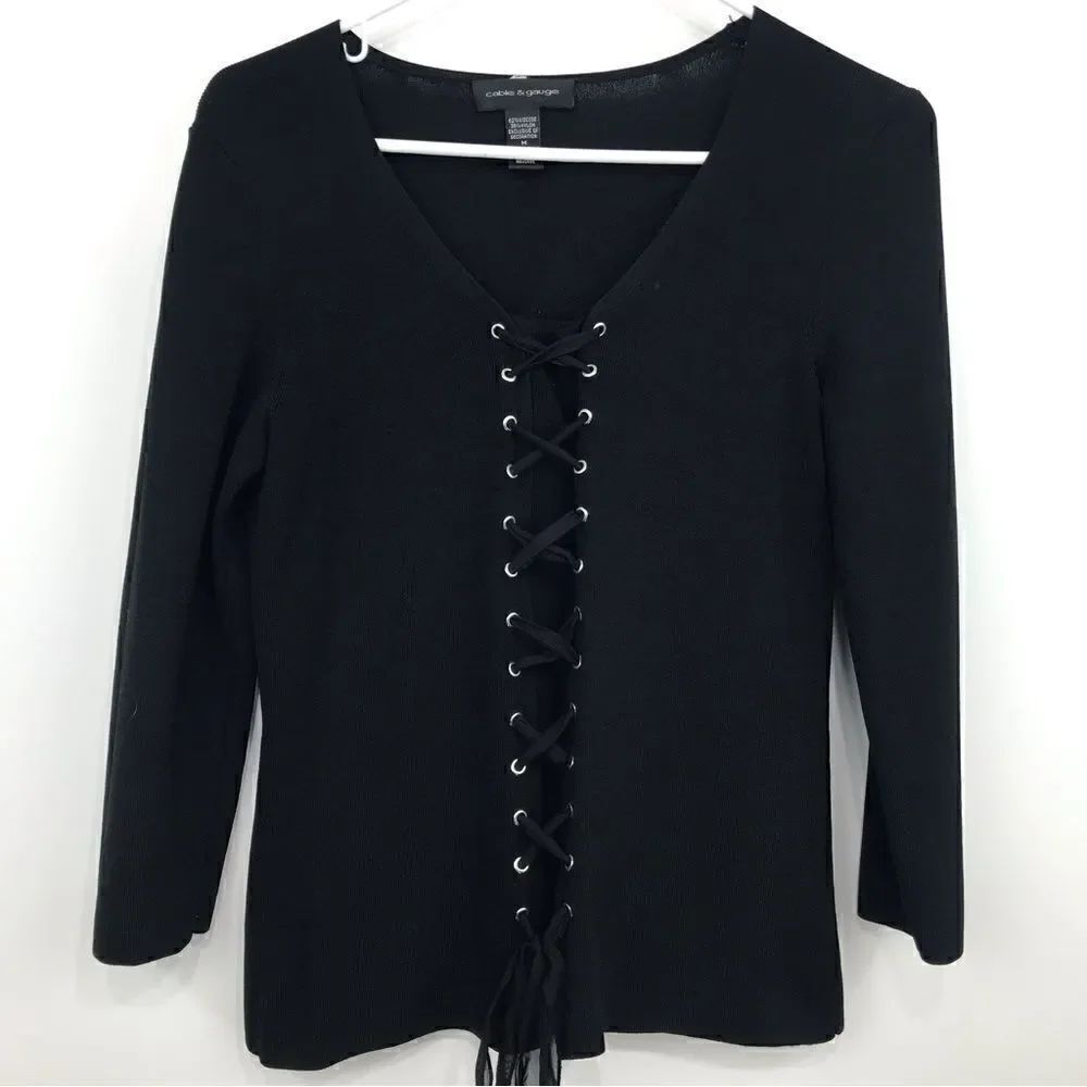 Cable & Gage Black Lace Up Stretch Knit Top